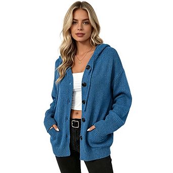 Women's Casual V Neck Button Front Hooded Knit Cardigan Long Sleeve Hooded Top
