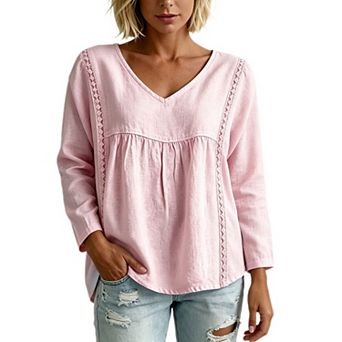 Women's Lace Trim V Neck Blouse Loose Fit Long Sleeve Babydoll Casual Pullover Tunic Top