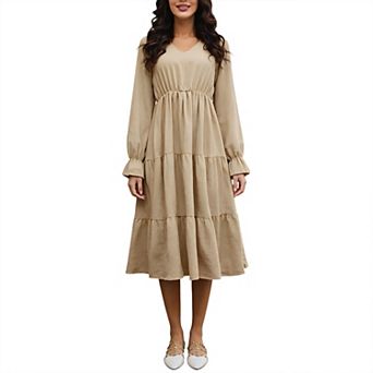 Womens Fall Casual Long Sleeve v Neck Boho Mini Dress High Waist Ruffle Flowy a Line Vacation Outfit