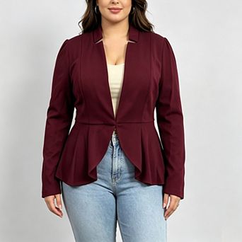 Women's Plus Size Notched Collar Fitted Long Sleeve Ruffle Hem Blazer Cardigan Jacket