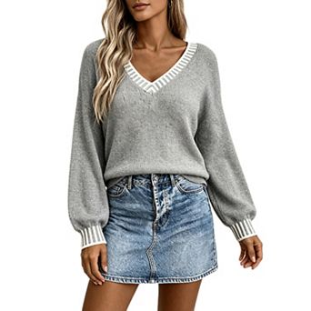 Women V Neck Sweater Striped Trim Drop Shoulder Knit Top