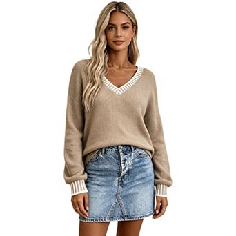 Women V Neck Sweater Striped Trim Drop Shoulder Knit Top