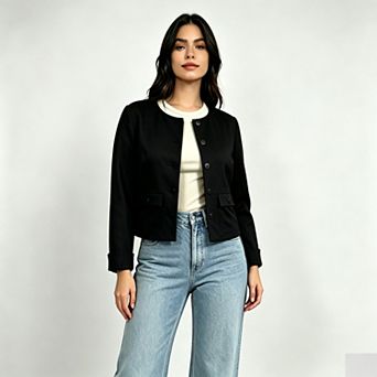 Women Plus Size Crew Neck Three Quarter Sleeve Buttoned Cropped Collarless Jacket