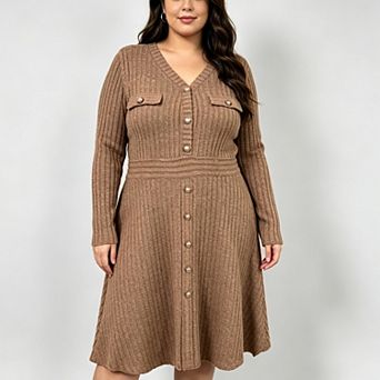 Women's Plus Size Ribbed Knit Dress Long Sleeve High Waist Button Pullover Sweater Dress