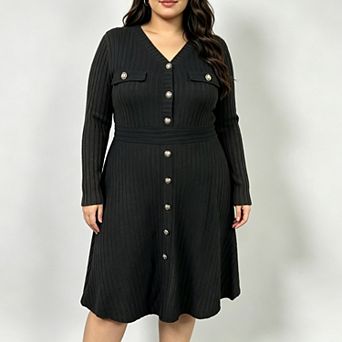 Women's Plus Size Ribbed Knit Dress Long Sleeve High Waist Button Pullover Sweater Dress