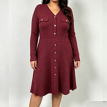 Women's Plus Size Ribbed Knit Dress Long Sleeve High Waist Button Pullover Sweater Dress