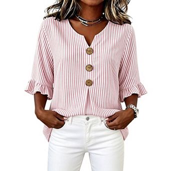 Women's Striped Notched V‑Neck Blouse Decorative Wooden Buttons Ruffle Sleeve Loose Casual Shirt