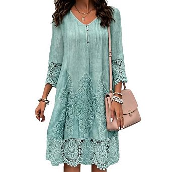 Women's V-Neck Lace Trim 3/4 Sleeve Loose Casual Sundress