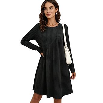 Women Long Sleeve Crew Neck Knit Textured Loose Casual Sweater Dresses