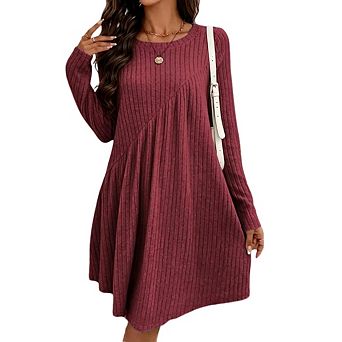 Women Long Sleeve Crew Neck Knit Textured Loose Casual Sweater Dresses