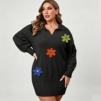 Women's Plus Size Sweater Dresses Lapel Embroidery Dress Loose Fit Patchwork Pullover Dresses