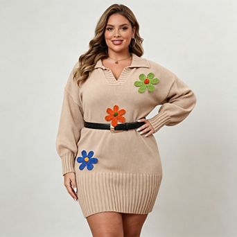 Women's Plus Size Sweater Dresses Lapel Embroidery Dress Loose Fit Patchwork Pullover Dresses