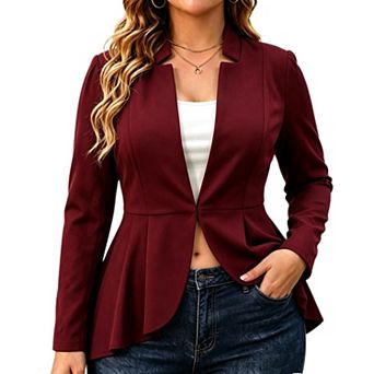 Women's Plus‑Size Notch Collar Peplum Blazer, Long‑Sleeve Waist‑Fit Open Front Casual Jacket