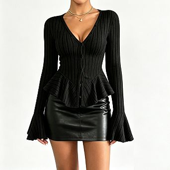 Women Ribbed Knit Peplum Top V Neck Button Front Long Bell‑Cuff Sleeve Fitted Casual Sweater Blouse