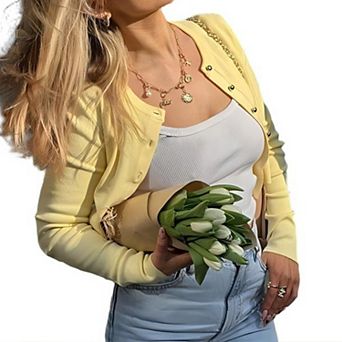 Womens Cropped Cardigan Long Sleeve Button Up Sweaters Crewneck Open Front Casual Knitted Top