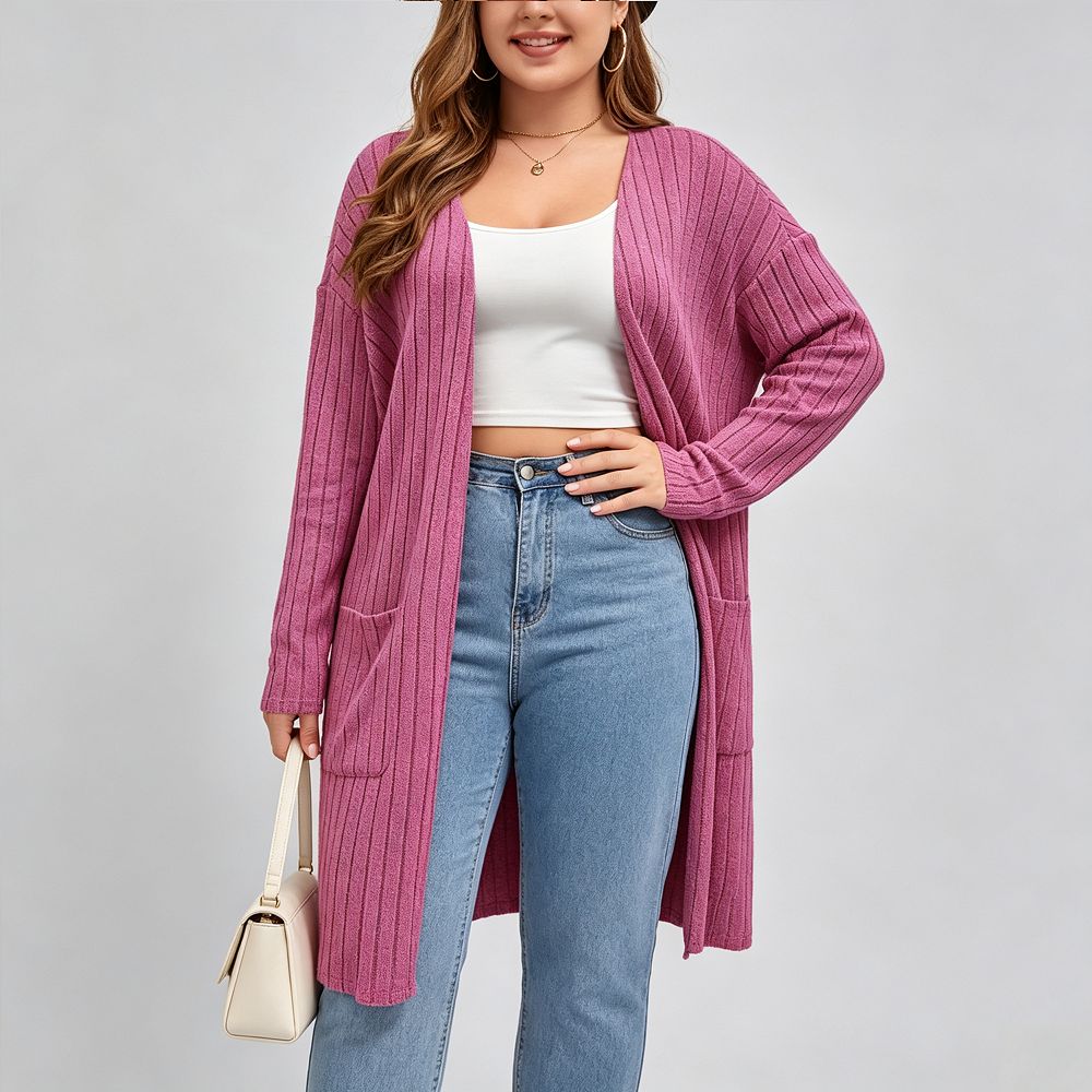 Women's Plus Size Long Ribbed Knit Long Sleeve Open Front Sweaters