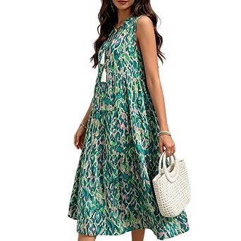 Womens Floral V Neck Sleeveless Flowy Boho Tassel Flowing Casual Beach Midi Dress