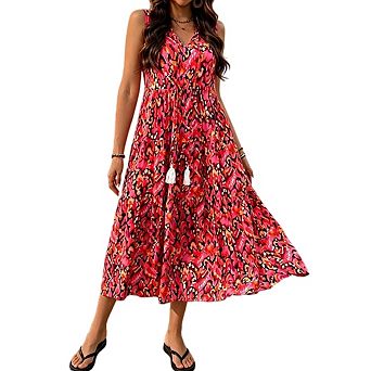 Womens Floral V Neck Sleeveless Flowy Boho Tassel Flowing Casual Beach Midi Dress
