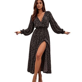 Womens Floral Casual Long Sleeve Deep V Neck Split A Line Flowy Boho Maxi Dress