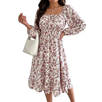 Women's Floral Square Neck Boho Puff Long Sleeve Casual A-Line Midi Dress