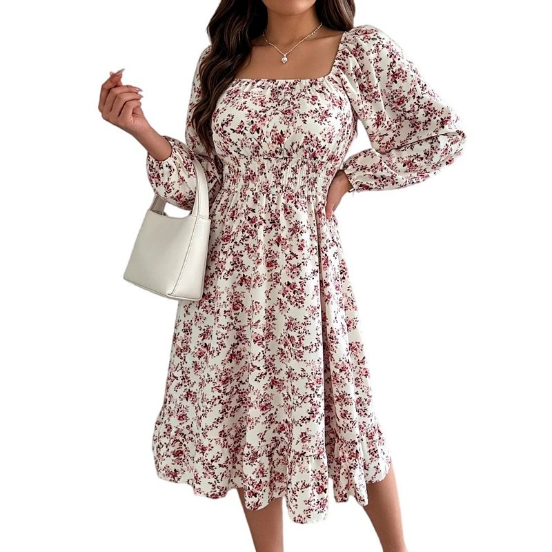 Women's Floral Square Neck Boho Puff Long Sleeve Casual A-Line Midi Dress