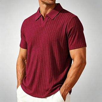 Men's Striped Polo Shirt Ribbed Knit Short Sleeve Pullover Top, Textured Casual Summer Style