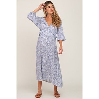Maternity Floral Ruffle V-Neck Midi Dress