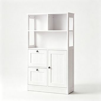 Freestanding Storage Cabinet with Open Shelves Drawers and Door