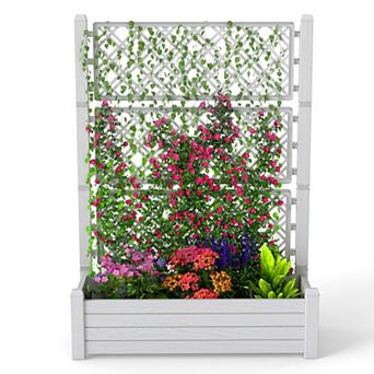 PATIOEASY Elevated Planter with Trellis for Vines Raised Herb Bed with Drain Plug for Balcony