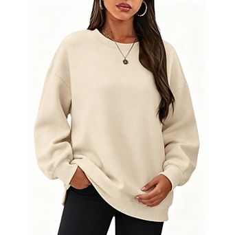 Women's Fleece Crew Neck Sweatshirt Loose Side Pockets Casual Warm Sweatshirt