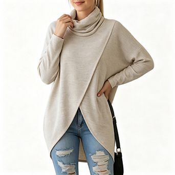 Women’s Cowl Neck Wrap Front Tunic Top, Long Sleeve Loose Asymmetric Hem Casual Pullover