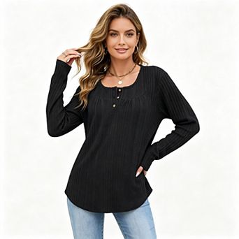 Women’s Square Neck Henley Ribbed Knit Top, Pleated Front Long Sleeve Loose Casual