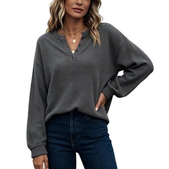 Women's Henley V‑Neck Top Partial Button Placket Loose Solid Casual Top