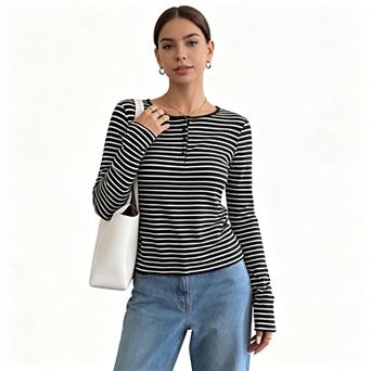 Women’s Striped Henley Ribbed Knit Top, Long Sleeve Slim Fit Casual Basic Shirt