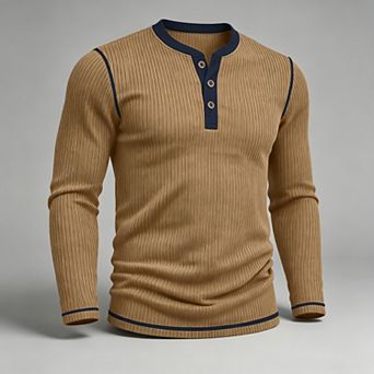 Men's Casual Long Sleeve Color Block Henley Shirt Lightweight Knit Pullover