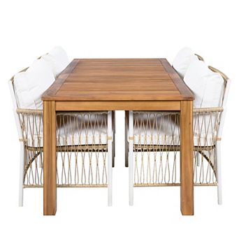 Whisen Natural 5 pc Rectangular Wooden Patio Dining Set 67" Table & 4/6Rattan Arm Chairs