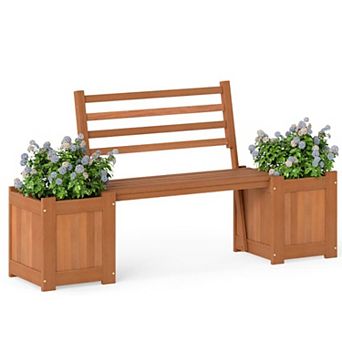 YIORTWO Outdoor Wooden Planter Bench with Dual Planter Boxes for Garden