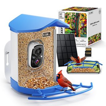 Smart bird feeder with camera, solar powered, 2.5K HD video, 32GB card, Wi-Fi alerts, blue