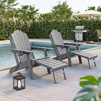 Sonkuki 2 pc 3-Position Ergonomic Adirondack Chair with Retractable Ottoman, Folding HDPE Patio Seat