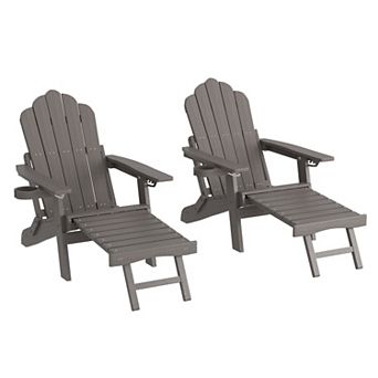 Sonkuki 2 pc Folding Adirondack Chair with Retractable Ottoman, Weather Resistant Patio Cup Holder