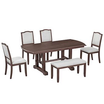 KWPZQEB 6 pc Retro Dining Table Set, Extendable Wood Dining Table w/ 4 Upholstered Chair & Bench