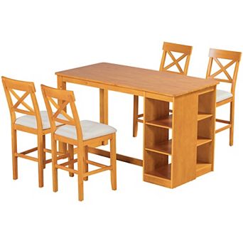 KWPZQEB 5 pc Farmhouse Dining Table Set, Counter Height Table with 3 tier Storage Shelves & 4 Chairs