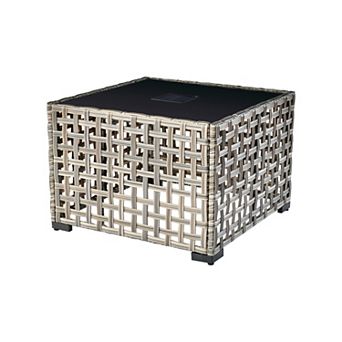 Ovios Brown PE Rattan Patio Coffee Table w/ Solar Lighted Tempered Glass Top for Porch Deck Poolside