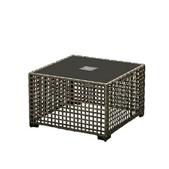 Ovios Gray PE Rattan Patio Coffee Table w/ Solar Lighted Tempered Glass Top for Porch Deck Poolside
