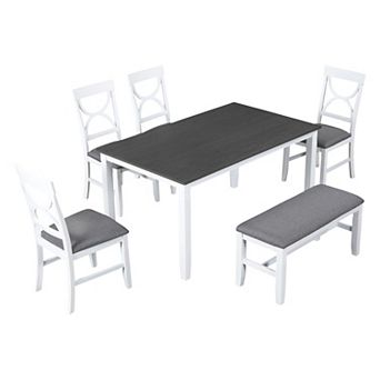 KWPZQEB 6 pc Farmhouse Style Dining Table Set,Wood Dining Table with Upholstered Bench & 4 Chairs