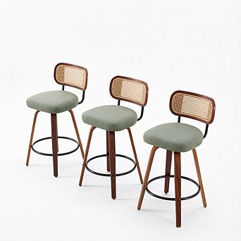 KWPZQEB Rattan Swivel Bar Stools Set of 3, Linen Counter Height Barstools with Upholstered