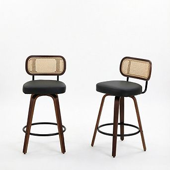 KWPZQEB Rattan Swivel Bar Stools Set of 2, PU Counter Height Barstools with Upholstered