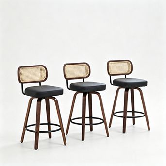 KWPZQEB Rattan Swivel Bar Stools Set of 3, PU Counter Height Barstools with Upholstered