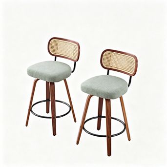 KWPZQEB Rattan Swivel Bar Stools Set of 2, Linen Counter Height Barstools with Upholstered