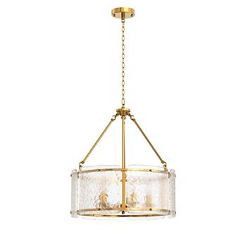 ​Modern 5-Light Chandelier, Gold Finish with Textured Glass Drum, Adjustable Height for Dining Room